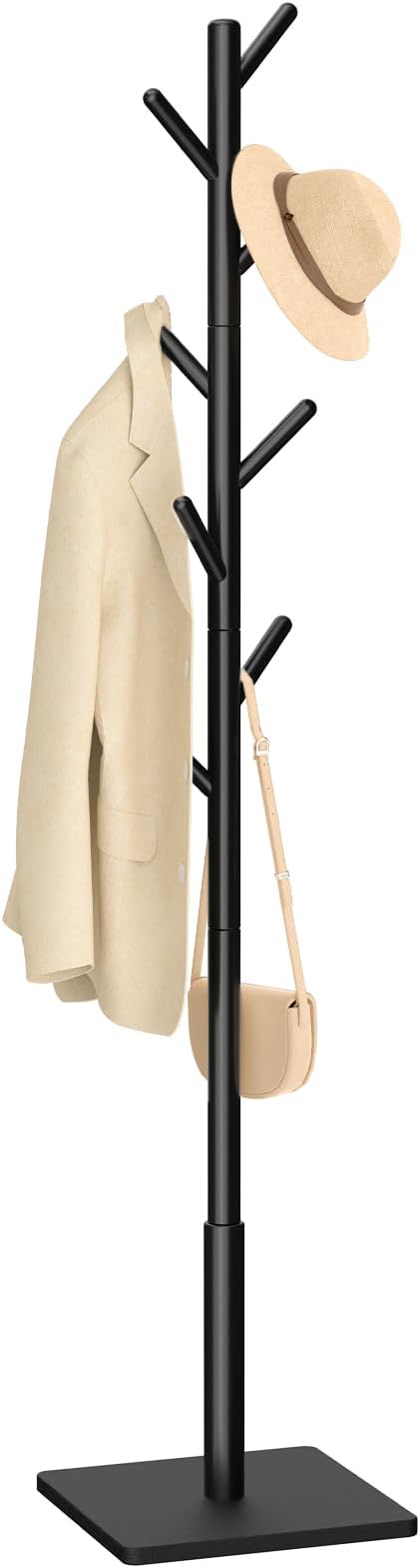 Yawinhe Coat Rack, Sturdy Woode Stand Tree with 8 Hooks, 3 Adjustable Height for Bedroom, Hallway, Entrance, Office, 11.8 x 70.8 inches, Black, 1-Pack, Square Base