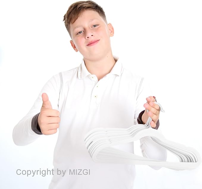 MIZGI Kids Velvet Hangers,Non-Slip Big Kids Hangers,14 Inch Hangers for Youth,Teen Clothes,Pack of 50（White/White）