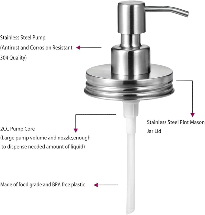 Amolliar Mason Jar Liquid Soap Dispenser Pump, Rustproof Stainless Steel Lid, Cute Farmhouse Decor for Kitchen, Bathroom, Refill Soap Pump for Hand Soap, Dish Soap, Lotion Soap, Brushed Nickel 1 Pack