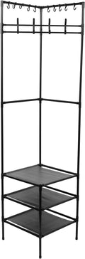 Corner Hall Tree, Freestanding Coat Rack with 3 Tier Shoes Rack Storage and 10 Movable Hooks, Corner Storage Organizer, Metal Entryway Coat Rack, Waterproof Corner Organizer Coat Rack for Home (Black)
