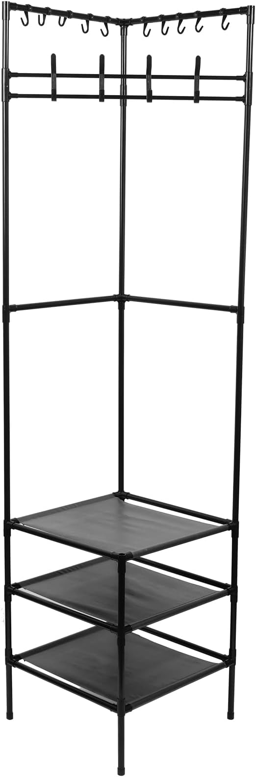 Corner Hall Tree, Freestanding Coat Rack with 3 Tier Shoes Rack Storage and 10 Movable Hooks, Corner Storage Organizer, Metal Entryway Coat Rack, Waterproof Corner Organizer Coat Rack for Home (Black)