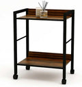 2-Tier Rolling Utility Cart Night Stand Organizer with Brown Wood Shelves and Black Metal Frame, End Side Table Storage Trolley on Wheels for Kitchen Office, Bathroom, Living Room