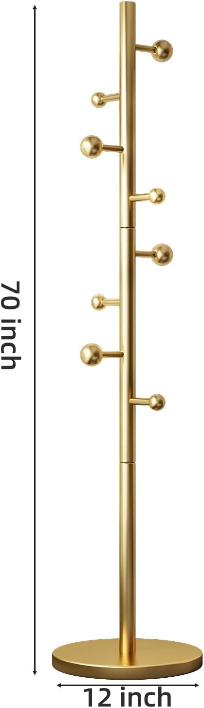 Coat Rack Freestanding Coat Tree with 8 Hooks Heavy Duty Coats Hanger Stand Metal Coats Rack Stand for Jacket Hat Clothes Bag Stainless Steel Hall Tree Hat Racks for Entryway Bedroom, Gold