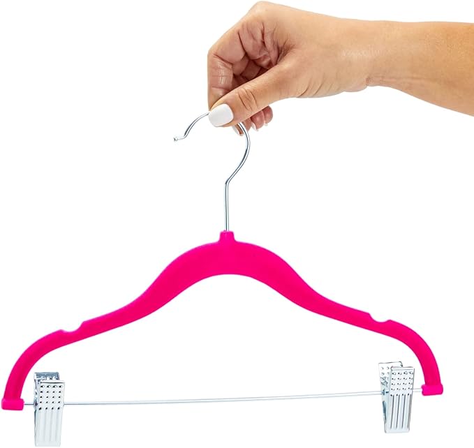 Juvale Kids Hangers with Clips - 12 in, Hot Pink, Velvet, 24 Pack - Nonslip & Space Saving Pink Hangers with Clips & 360° Swivel Hooks