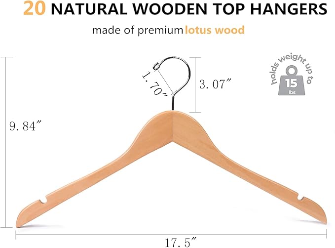 Amber Home 20 Pack Natural Wooden Shirt Hangers, Premiun Wood Coat Hangers Without bar, Clothes Hangers for Jacket, Bridal (Natural, 20)