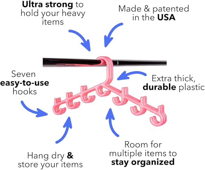 Made in USA Multi-Use Hanger for Bras, Lingerie, Hats & Scarves 5-Pack | Patented Closet Organizer | 7-Hook Space Saver for Underwear, Ties, Belts | No Clips, Lightweight Design
