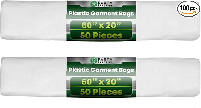 PARTY BARGAINS 60 x 20 Inch Disposable Clear Garment Bags, 100 Pack – Heavy-Duty Plastic Clothes Covers for Suits Dresses Coats, Closet & Travel