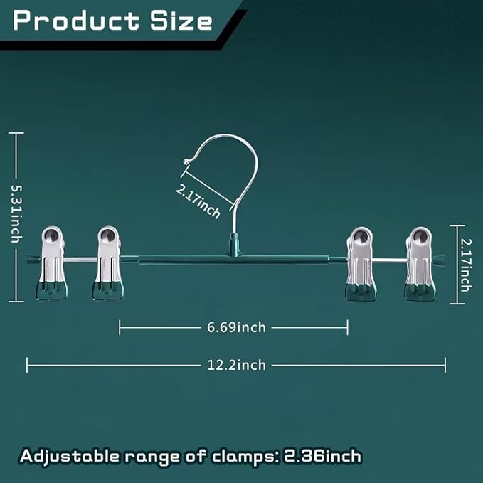 50PACK Pants Hangers with Clips Adjustable Skirt Hangers for Women Metal Non-Slip Trousers Hanger Heavy Duty Space Saving Clothes Hanger for Shorts,Jeans,12Inch,Green