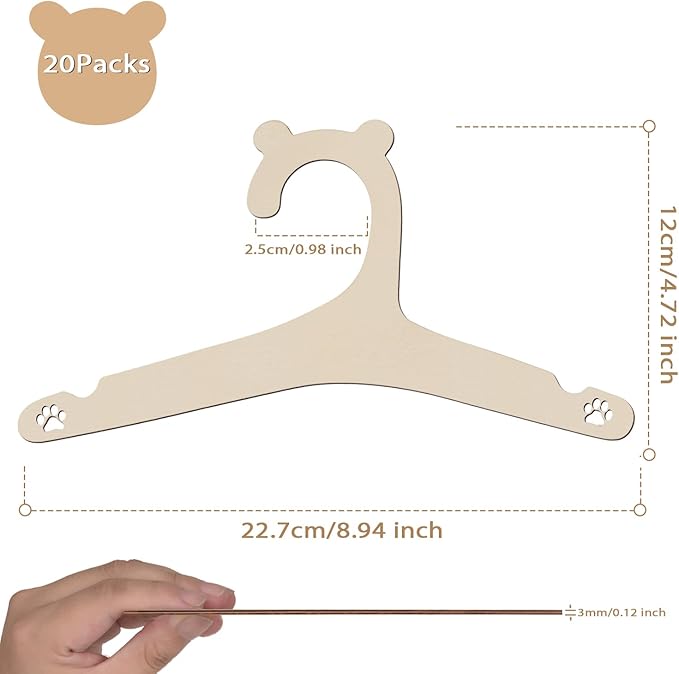 Hongma 20 Packs Wooden Baby Hangers for Baby Clothes, Cute Bear Ears Wood Newborn Baby Girl Boy Hangers for Nursery 9 Inch Kids Toddlers Children Infant Hangers for Closet Coat Pants Clothing Storage