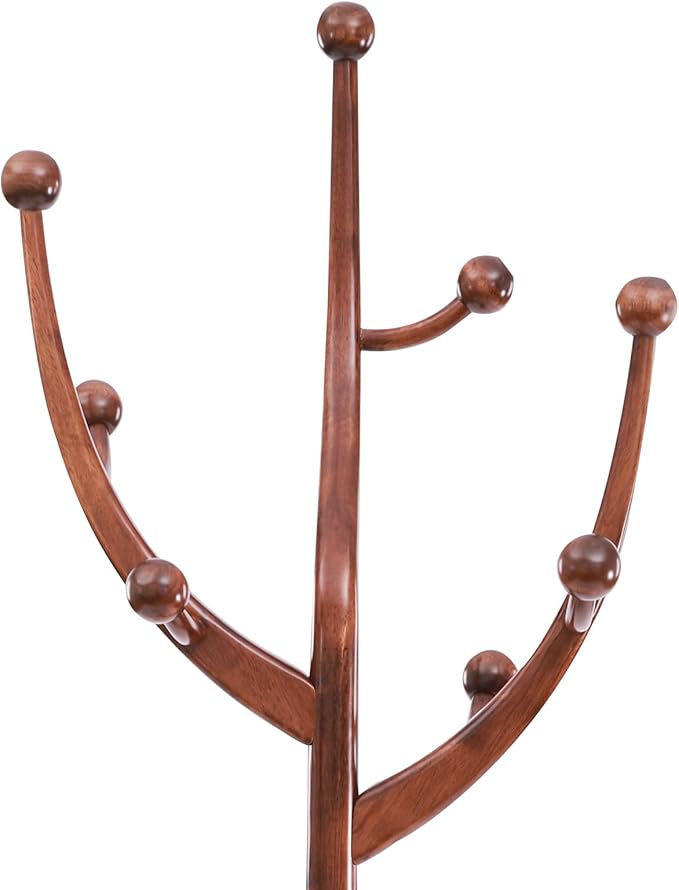 Coat Tree Freestanding Wood Tree Rack, Heavy Duty Creative Design Tree Branch-look Coat Rack Stand with 8 Hooks and Stable Sphere Base for Entryway, Hallway, Bedroom-Load 110lbs (Walnut)