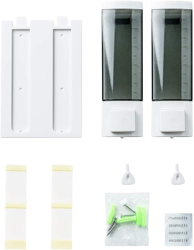 Double Soap Dispensers 250ml ABS Plastic Drill Free with Adhesive or Wall Mount with Screws Liquid Hand Shower Dispenser for Bathroom Gray