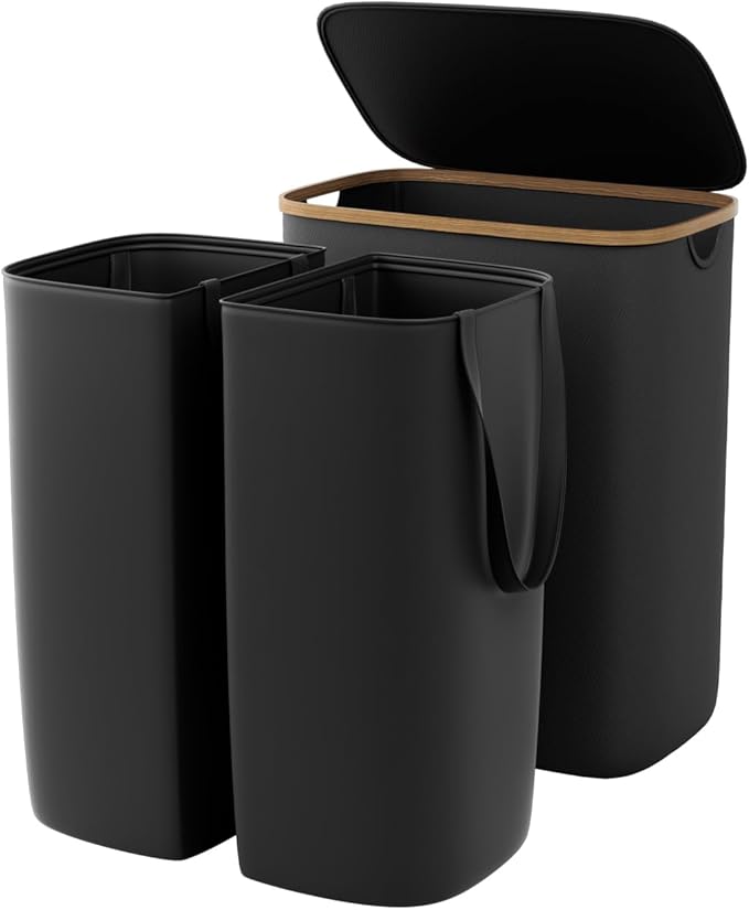 GARPROVM Double Laundry Hamper with Lid 150L Large Laundry Basket with Bamboo Handles Foldable Clothes Hampers with 2 Removable Liner Bags for Laundry for Bedroom Bathroom Dorm Laundry Room, Black