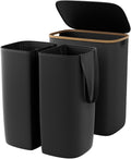 GARPROVM Double Laundry Hamper with Lid 150L Large Laundry Basket with Bamboo Handles Foldable Clothes Hampers with 2 Removable Liner Bags for Laundry for Bedroom Bathroom Dorm Laundry Room, Black