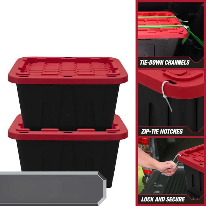 4-Pack 27 Gallon Heavy Duty Storage Bins Durable Polypropylene Plastic with Snap Lock Lids Stackable Large Capacity Organizers Garage Basement Multi-Purpose Storage Containers Black and Red
