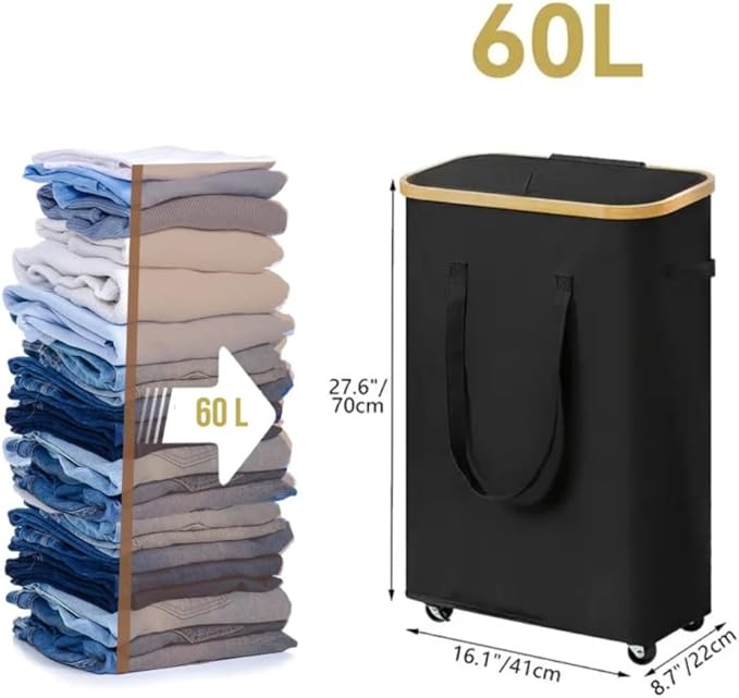 Large Laundry Hamper with Wheels, 60L Rolling Laundry Basket with Lid & Handle, Heavy-Duty Mobile Clothes Hamper, Slim Rolling Design with Removable Bag (Grey)