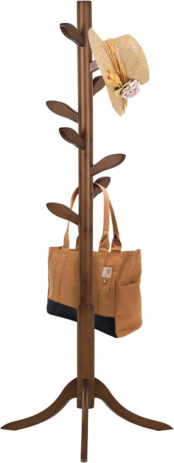 Wood Coat Rack Freestanding Coat Tree Rack with 8 Leaf Hooks, 3-Size Height Adjustable for Adults and Younger, Clothes Hanger Stand for Jacket, Hat, Entryway, Hallway, Corner, Bedroom (Vintage Brown)