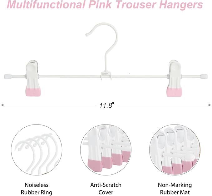 Metal Wire Clips Pants Baby Children Bottom Clothes Hangers, 20 Pack Baby Toddler Infant Newborn Kids Heavy Duty Trousers with Adjustable Clips, 11.8" Space Saving for Legging Garment Jeans (Pink)