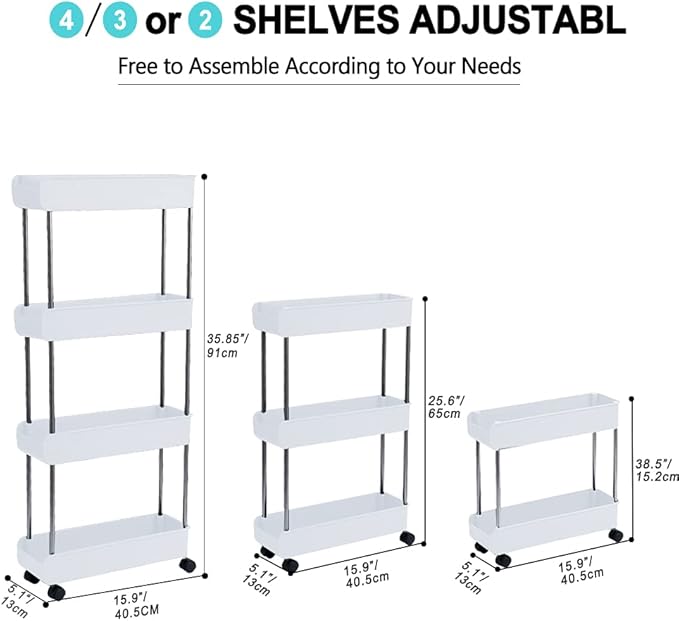 Melody House 4-Tier Slim Mobile Shelving Unit on Wheels, Slide Out Rolling Bathroom Storage Organizer, Utility Carts Shelf Rack for Kitchen Bathroom Laundry Room Narrow Places, White
