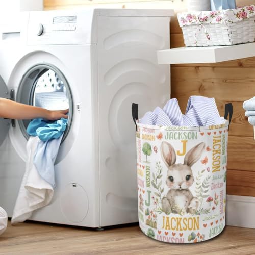 Bunny Laundry Basket,Custom Laundry Hamper with Name,Personalized Bunny Gifts for Boys Girls,Customize Collapsible Laundry Basket for Bedroom Bathroom,M-19.5"X 15.7"