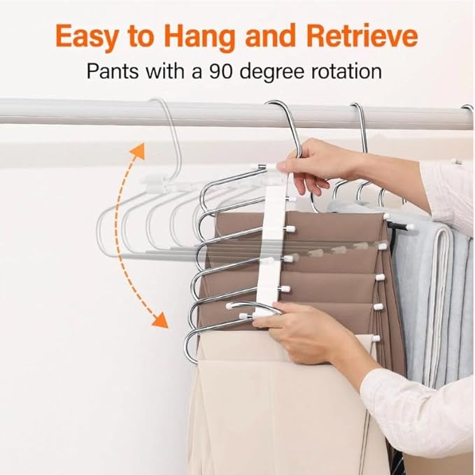 Space-Saving 6-Tier Metal Pants Hanger with Non-Slip Coating, Pack of 2, 12 Hooks Included, Stainless Steel Design, Can Reduce 80% of Clutter, for Holidays - White