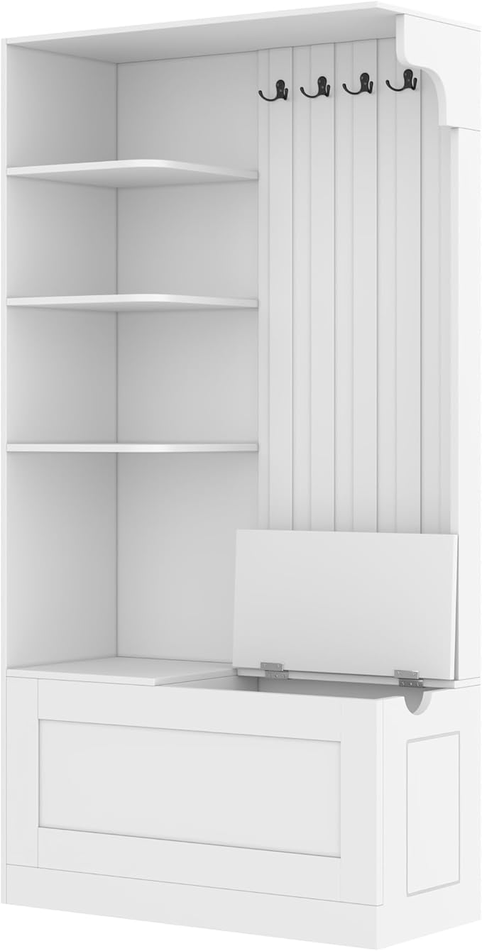 66" H Hall Tree with 4 Hooks, Open Shelving and Flip Hidden Shelf, Multifunctional Left-Right Combination Coat Rack (can be Used Separately), Entryway Bench for Living Room, Hallway