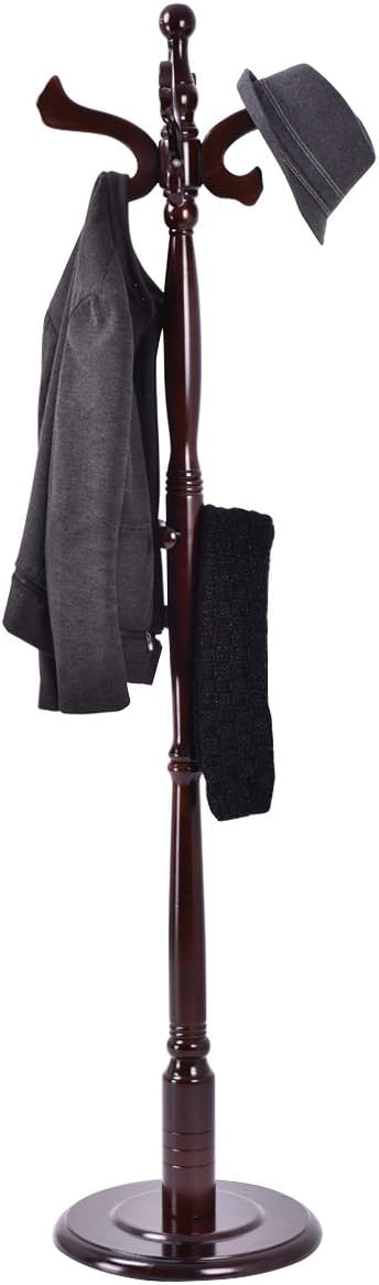 Tangkula 71" Free Standing Solid Wood Coat Hat Scarf Rack Hanger Tree Stand Home Furniture, Brown, (Model: Coat Tree Stand)