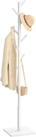 Yawinhe Coat Rack, Sturdy Woode Stand Tree with 8 Hooks, 3 Adjustable Height for Bedroom, Hallway, Entrance, Office, 11.8 x 70.8 inches, White, 1-Pack, Square Base
