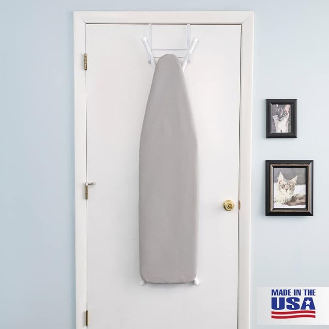 Full Size Ironing Board Made in USA – Light Grey by Seymour Home Products 4 Heavy-Duty Steel Legs Perforated Top for Steam Includes Cover & Pad Sturdy, Foldable Iron Board for Home & Laundry