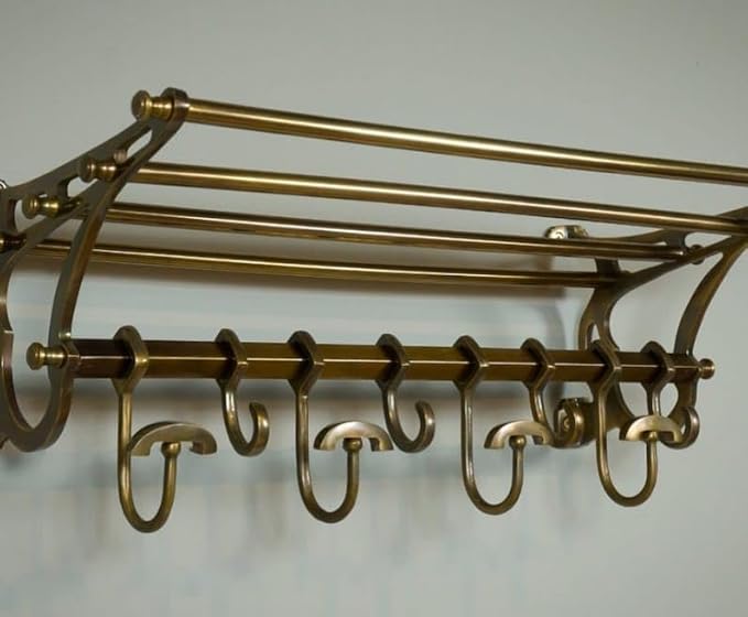 French Coat Rack Luggage Rack Wall Mounted Shelf Vintage Luxury Home Decor- Antique Brass Finish with 8 hooks
