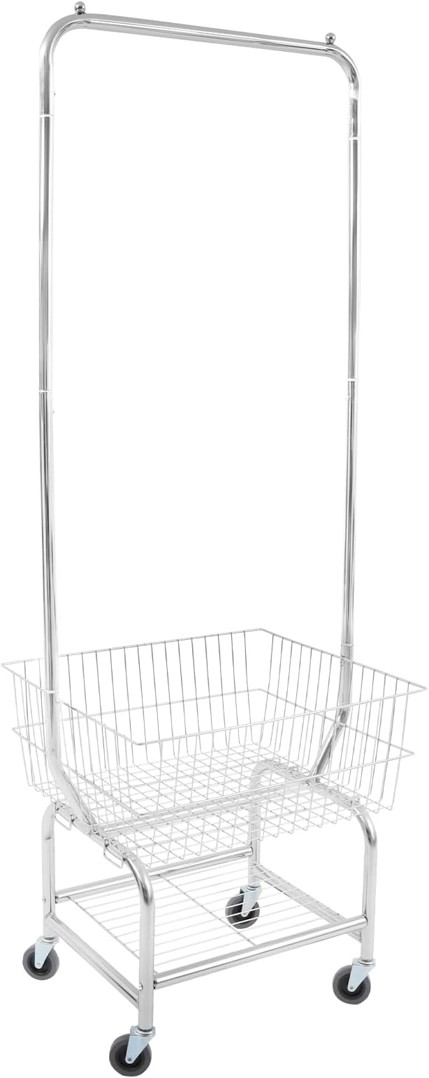 Laundry Cart,Steel Wire Laundry Cart,Laundry Basket With Wheels,Commercial Laundry Basket Cart Heavy Duty with Rod Rack 19.69x15.75x70.87in (H)
