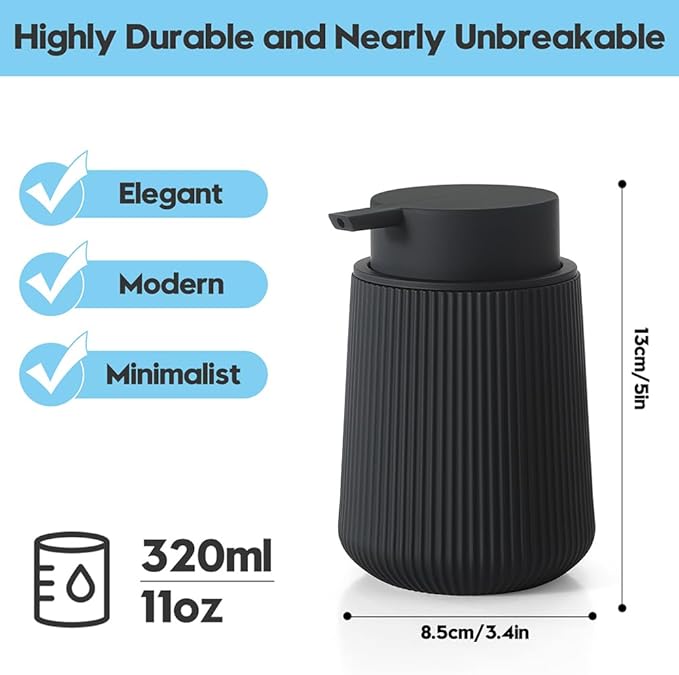 Striped Liquid Hand Soap Dispenser with Leak-Proof Pump for Bathroom and Kitchen Countertop 11oz Black