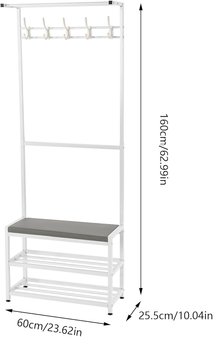 Coat Rack Shoe Bench, 23.62"x62.99" Entryway Stool with Coat Rack, Coat Rack Shoe Stool 3-in-1 with Stool and Shoe Storage, 5 Flexible Hooks, PU Cushion (White)