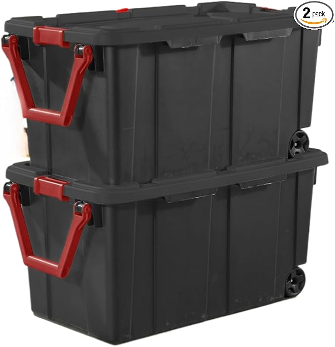 Emny Modern Plastic & Metal 40 Gallon Lidded Home Storage Bins, Stackable Industrial Storage Containers Tote, Organizing Tote Tub Box with Wheeled, Moving Boxes, Set of 2, Black
