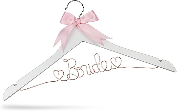 Bride Hanger for Wedding Dress, Wooden Gown Display with White Finish, Elegant Keepsake for Ceremony Photos, Bridal Shower Gift, Getting Ready Accessory for Special Day (White Wood Rose Gold Wire)