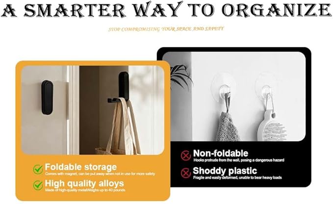 Heavy Duty Folding Wall Hooks 2 Pack, Black Foldable Coat Hooks for Bathroom, Closet, Entryway, Towel, Robe, Bag, Hat Hanging, Space Saving, Zinc Alloy, Easy Mount