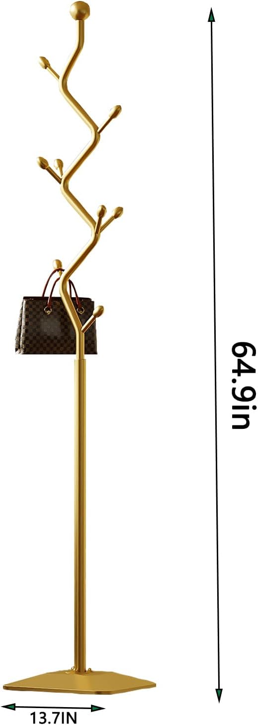 Gold coat rack,Coat Tree Freestanding heavy duty with 8 Hooks and Sturdy Metal Base for Coat Hats Purses,Tree-shaped Coat Stand for Entryway,Bedroom