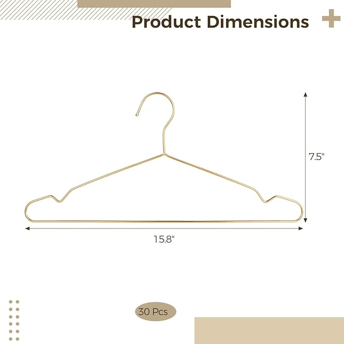 Gold Metal Hangers for Clothes - 30 Pcs Stainless Steel Wire Clothes Hangers, Heavy-Duty, Space-Saving for Coat Suit Dress