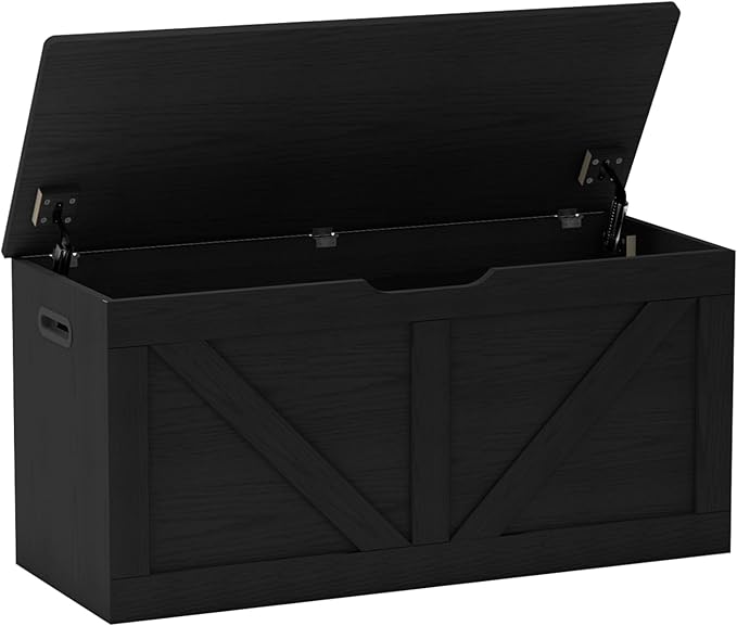 39.4" Storage Chest, Wooden Storage Bench, Large Storage Trunk with 2 Safety Hinges, Entryway Shoes Bench for Living Room, Bedroom, Black