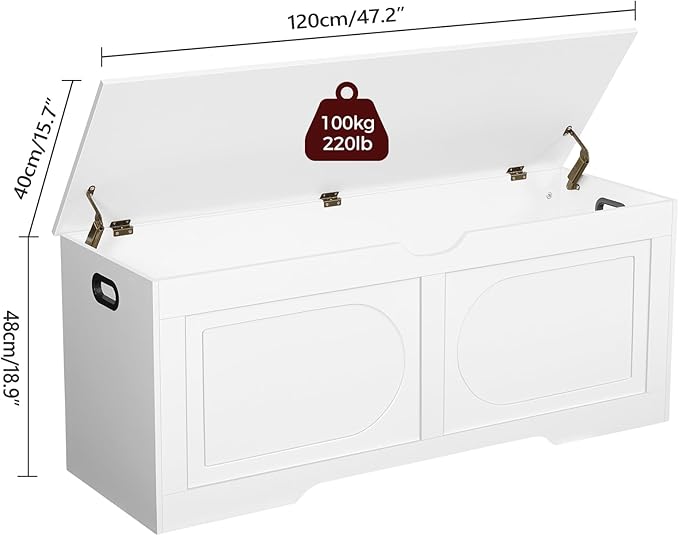 Storage Chest, 47.2” Toy Box, Entryway Storage Trunk, Shoe Bench with Storage, Engineered Wood Storage Cabinet with 2 Safety Hinges, Entrance Bench for Living Room, White SCWT2201