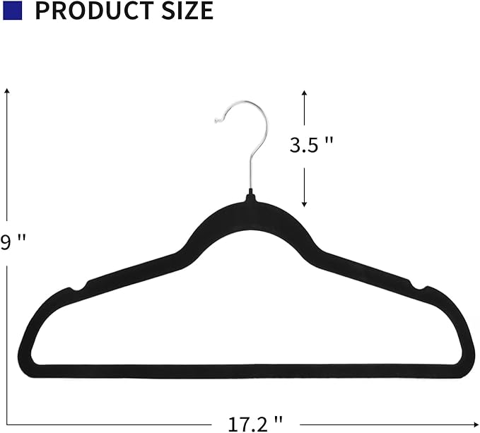 Premium Velvet Clothes Hangers, Heavy Duty Study Black Hangers for Coats, Suit & Dress - Non Slip Clothes Hanger Set (50, Black/Silver)