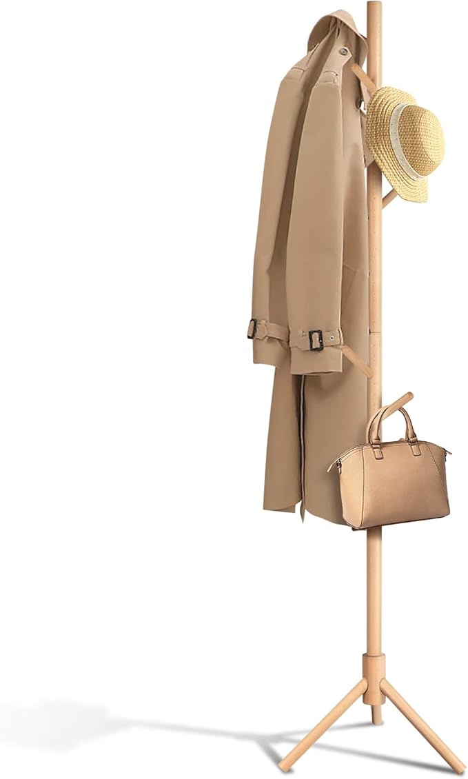 Coat Rack Freestanding Stand Adjustable Coat Tree with 4 Sections 8 Hooks Easy Assembly Beech Wood Coat Jackets Hanger for Hat, Purse Holder, Bedroom, Office, Hallway, Entryway