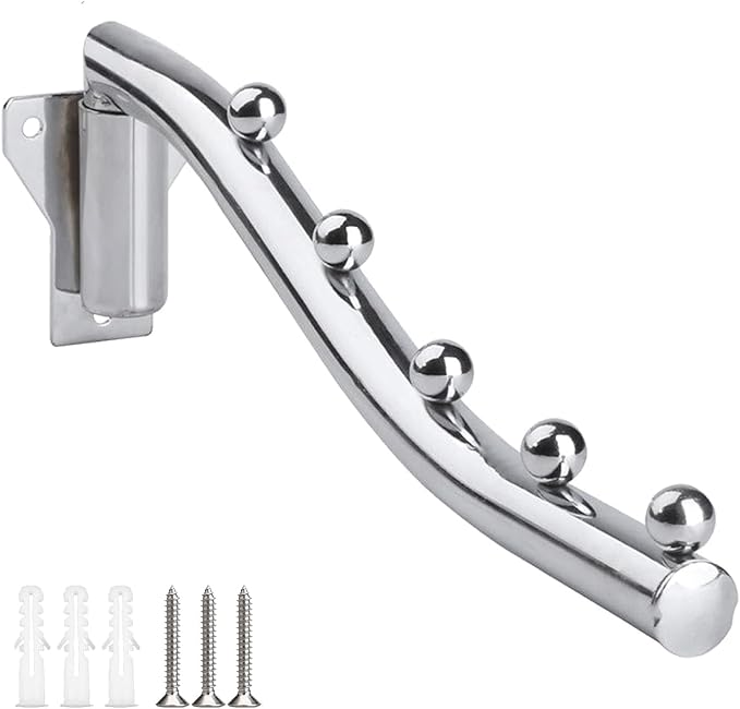 Wall Mounted Folding Clothes Hanger Rack, Foldable Clothing Hanger Stainless Steel, Clothes Hooks with Swing Arm Holder Space Saving Clothing Hanging Garment Racks Closet Storage Organizer Drying Rack