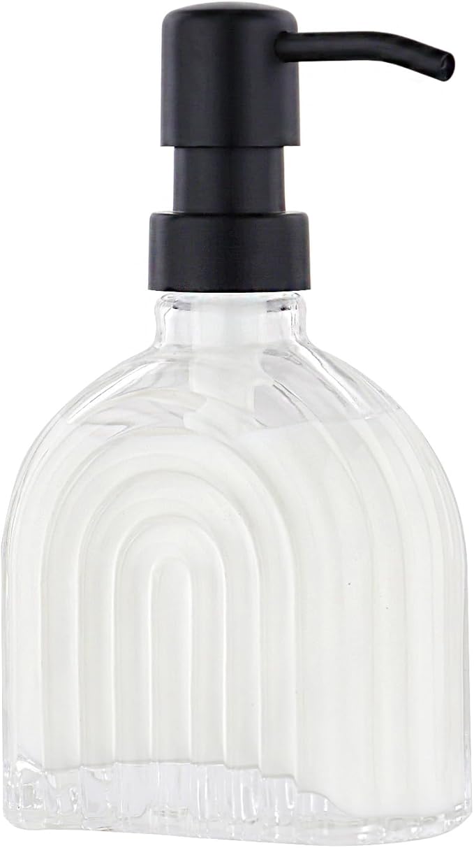 Glass Soap Dispenser for Kitchen and Bathroom Contertop Wash Hand Liquid, Dish Detergent, Farmhouse Style Shampoo Lotion Pump (1, Clear Glass with Black, 4" x 2"x 6-5/8")
