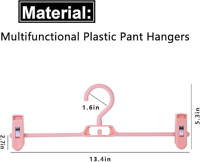 10 Pack Plastic Pant Hangers with Clips, Space Saving Skirts Hanger with 360°Rotating & Adjustable Clips, Stackable Clothes Hanger for Closet Organizer and Storage (Pink)