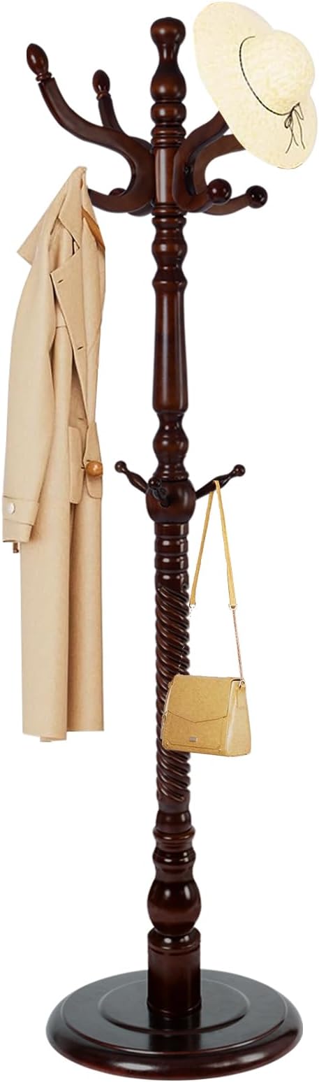 Solid Wood Coat Rack, Free Standing Hall Coat Tree with 11 Hooks, 2 Height Options, 270lbs Load, Stury Base, Clothes Rack for Entryway, Hallway, Bedroom (Disc Base - Dark Brown)