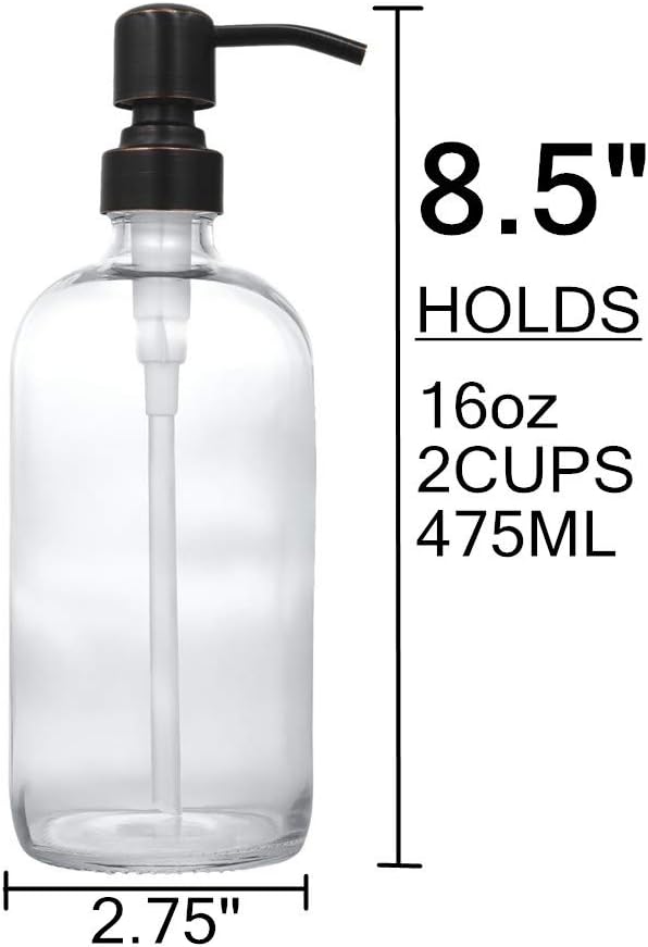 2 Pack Thick Clear Glass Boston Round Bottles /Oil Rubbed Bronze Stainless Steel Pumps, 16 Ounce Jar Soap Dispenser with Rustproof Pump for Essential Oil, Liquid Soap