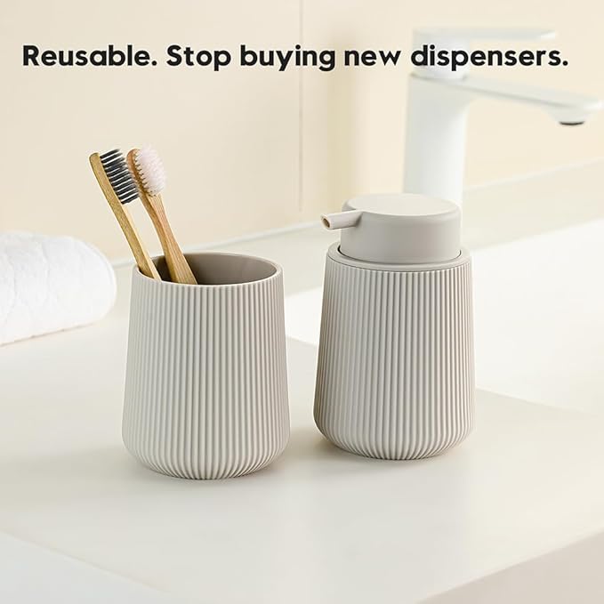 Striped Foaming Hand Soap Dispenser with Leak-Proof Pump for Bathroom and Kitchen Countertop 11oz Beige