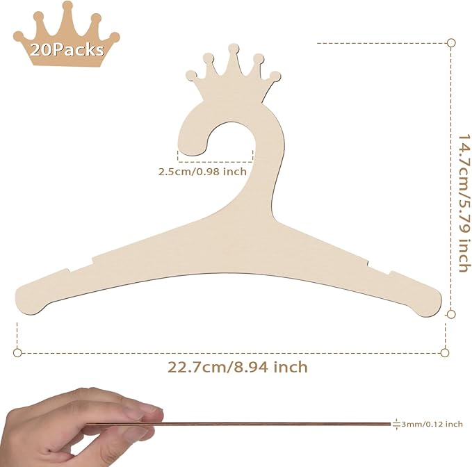 Hongma 20 Packs Wooden Baby Hangers for Baby Clothes, Cute Crown Wood Newborn Baby Girl Boy Hangers for Nursery 9 Inch Kids Toddlers Children Infant Hangers for Closet Coat Pants Clothing Storage