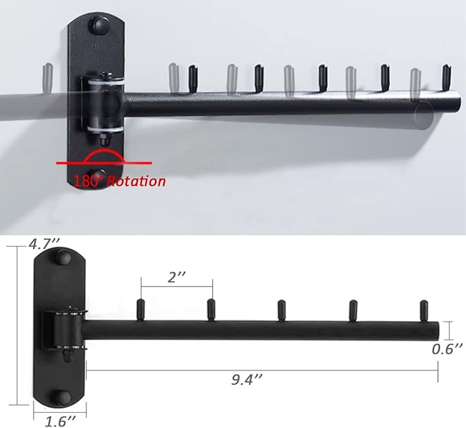 Stainless Steel Swing Arm Hanger, Folding Wall Mounted Clothes Hanger for Laundry Room, Space Saving Clothes Hooks Holder for Drying Rack, 2 Pack (Black)