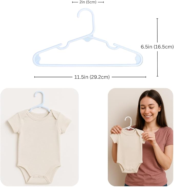 50 Pack Baby Hangers – Includes 8 Closet Dividers – Non-Slip Durable Hangers for Infant Clothes & Nursery Organization (White, 50)